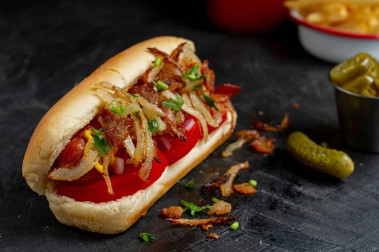 Gochujang Onion Rings and White BBQ Sauce Hot Dog